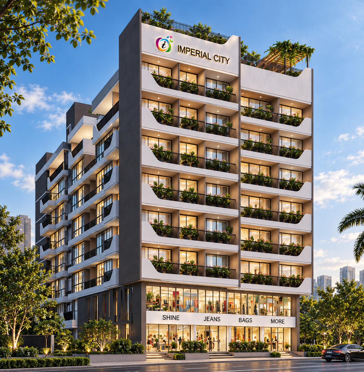 Imperial City daytime elevation with retail frontage